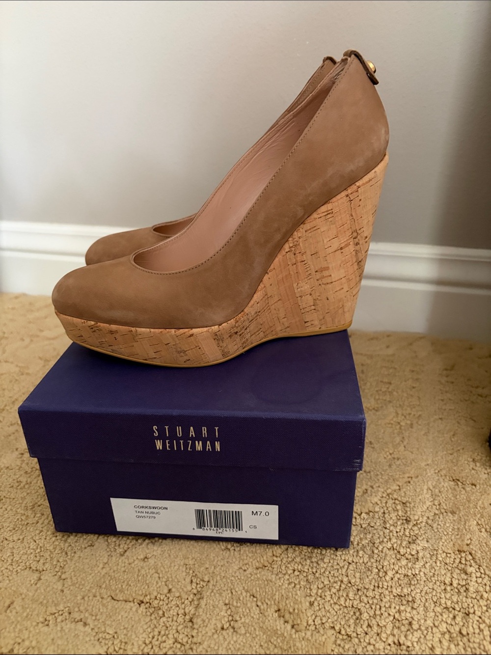 Stuart Weitzman Taupe Suede Cork Wedge Pumps